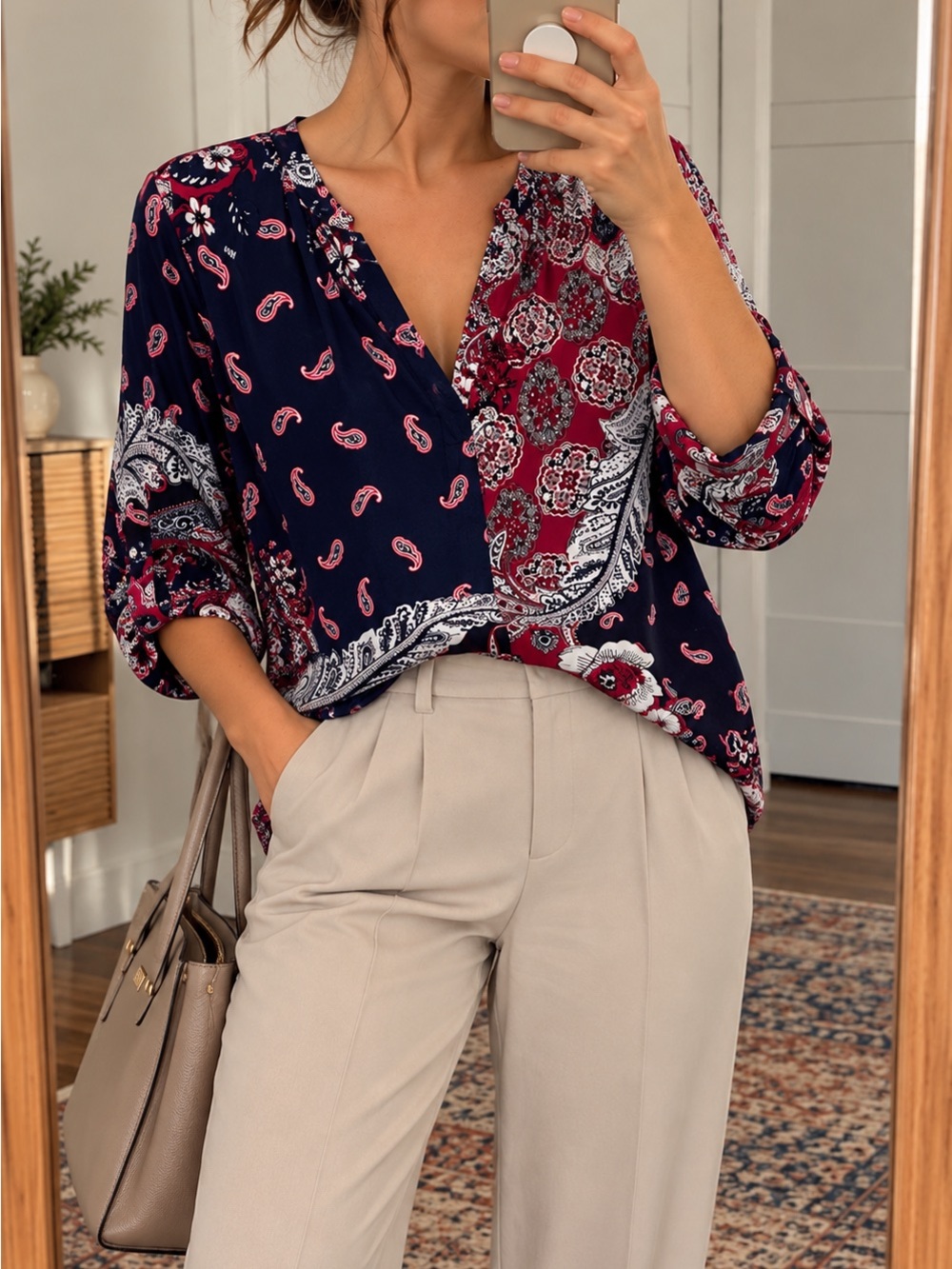 Charter Club Navy and Burgundy Paisley Wrap-Style Blouse